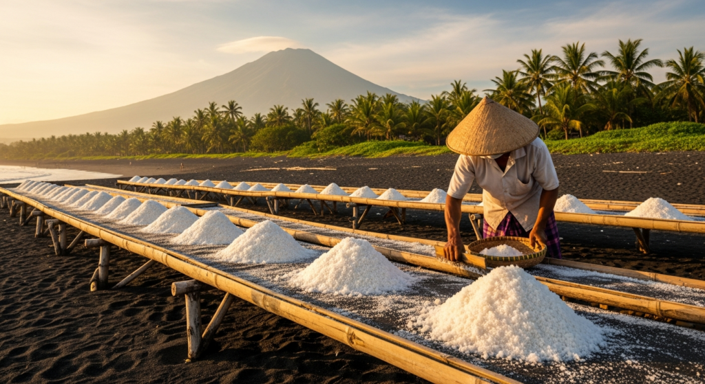 Traditional Bali salt farm tour in Amed with salt pans and mountain view