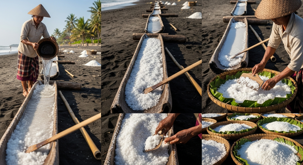Traditional hand-harvesting process of Bali sea salt